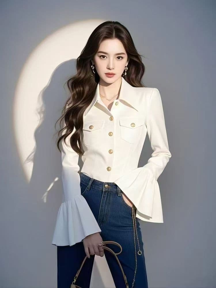 프랑스식 빛 럭셔리 고급 센스 화이트 여성 셔츠 2026 봄 나팔 소매 긴팔 맨위