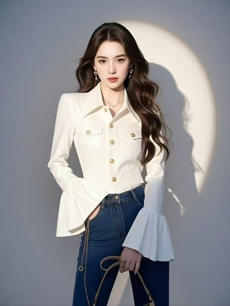 프랑스식 빛 럭셔리 고급 센스 화이트 여성 셔츠 2026 봄 나팔 소매 긴팔 맨위 이미지 2