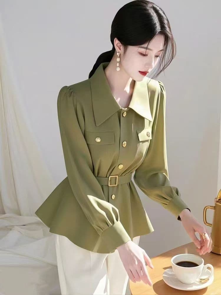 항구 바람 출퇴근 POLO 칼라 허리 수축 긴팔 여성 셔츠 고급 센스 패션 경력 고유 한 슬림해 보이는 다용도 맨위 이미지 4