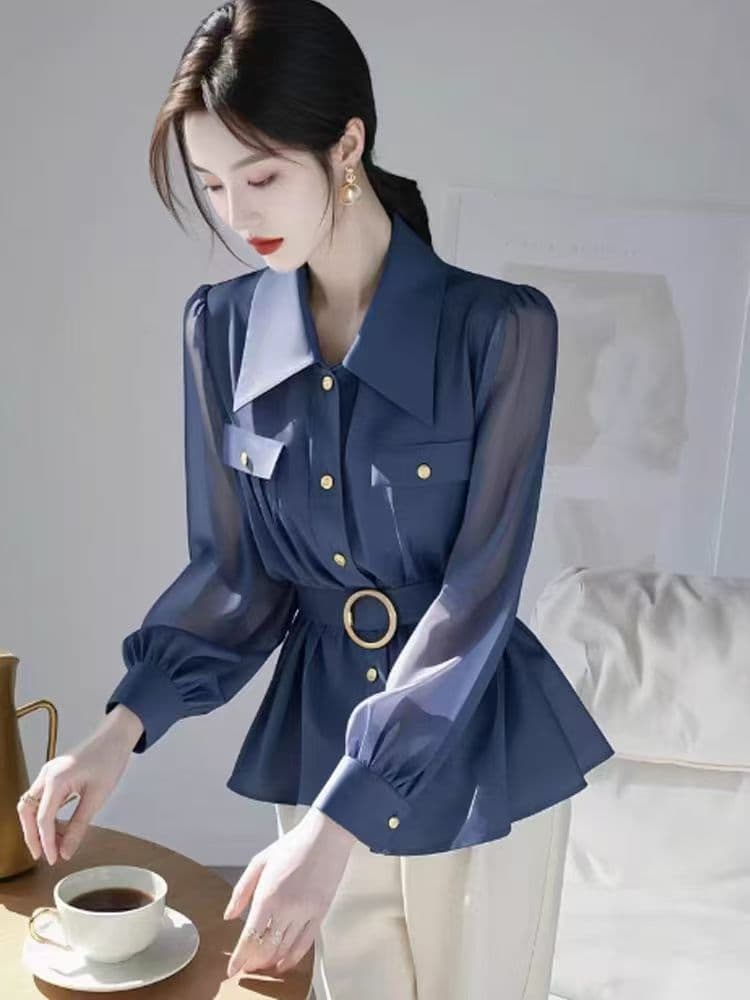 항구 바람 출퇴근 POLO 칼라 허리 수축 긴팔 여성 셔츠 고급 센스 패션 경력 고유 한 슬림해 보이는 다용도 맨위