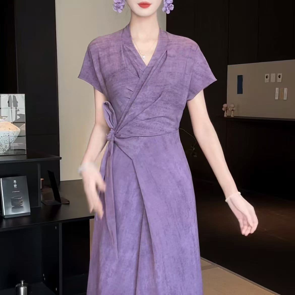 링 茜 거만한 와우 보라색 라임 프랑스식 보라색 행침 목 여성 드레스 봄 여름 레트로 민소매 레이스업 허리 수축 롱 스커트 이미지 2