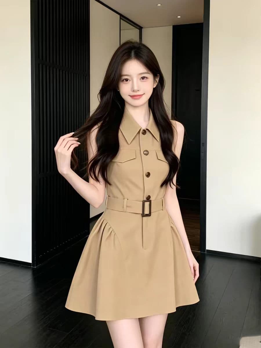 천 금빛 바람 품격 카키 색 허리 수축 민소매 여성 드레스 여름 고급 센스 몸매 가꾸기 슬림해 보이는 셔츠 드레스 작은 치마 상세 이미지 2