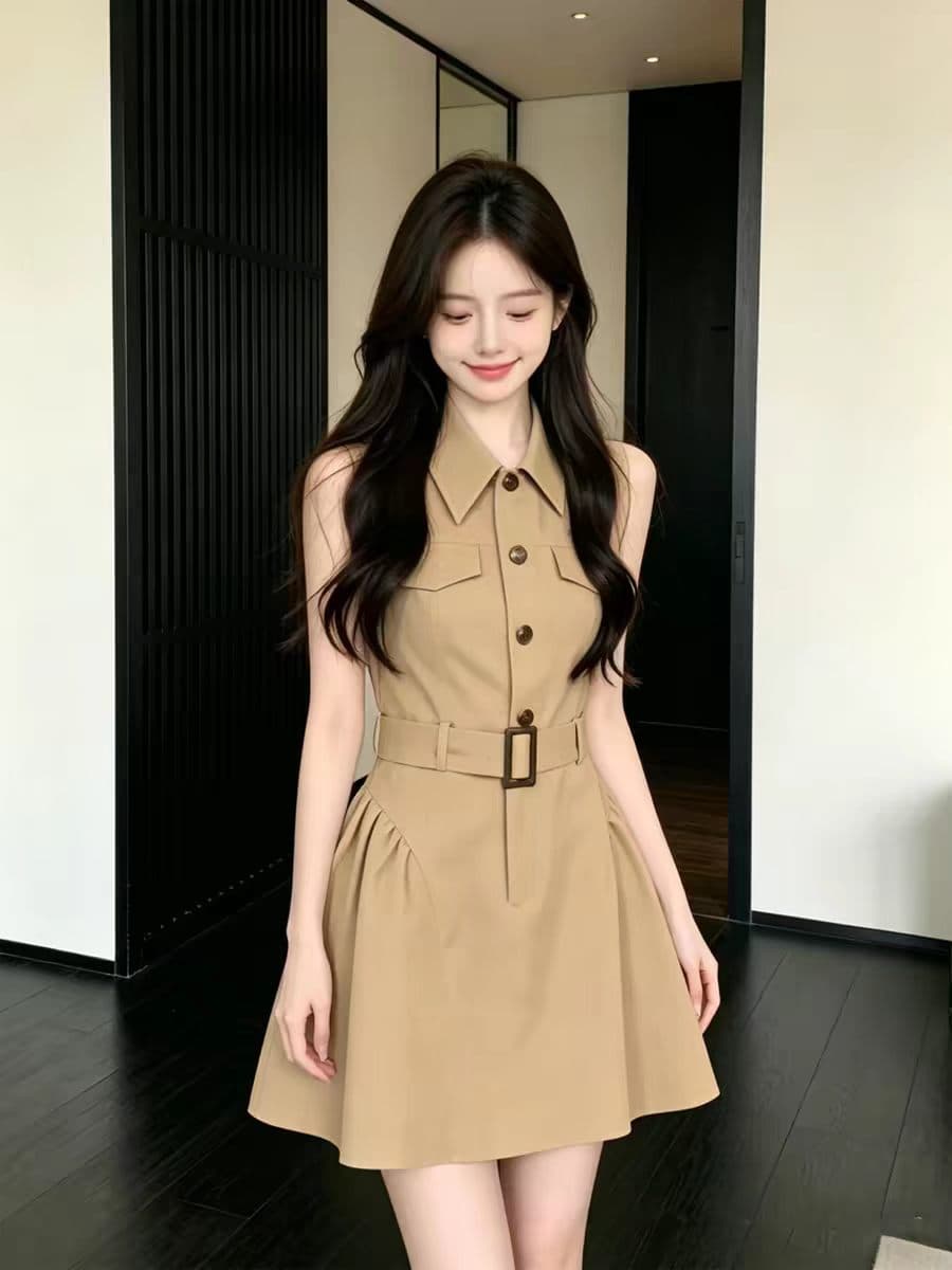 천 금빛 바람 품격 카키 색 허리 수축 민소매 여성 드레스 여름 고급 센스 몸매 가꾸기 슬림해 보이는 셔츠 드레스 작은 치마 상세 이미지 4