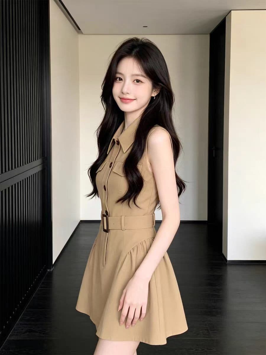 천 금빛 바람 품격 카키 색 허리 수축 민소매 여성 드레스 여름 고급 센스 몸매 가꾸기 슬림해 보이는 셔츠 드레스 작은 치마 상세 이미지 6