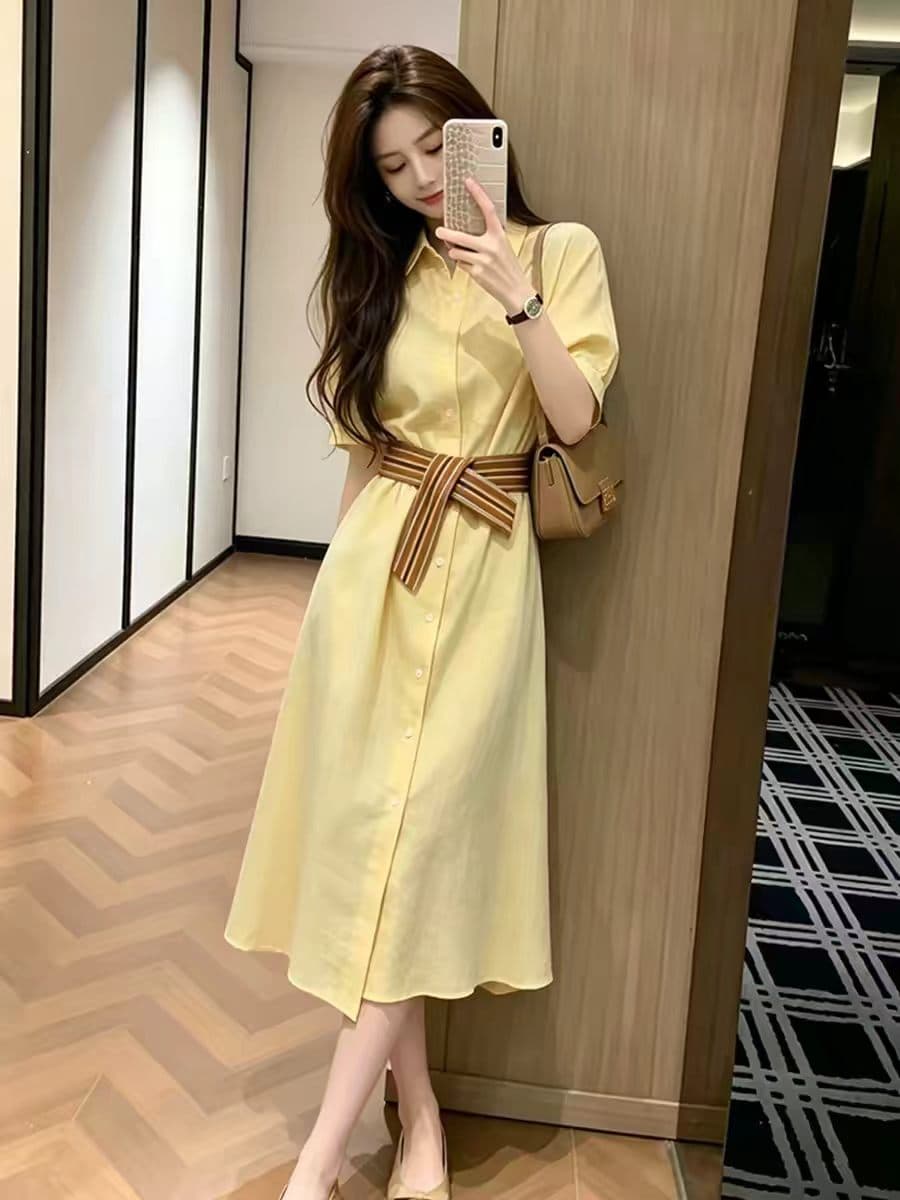 2026 새로운 여름 아름다운 부드러운 연령 감소 품격 특별 아름다운 꼬집기 허리 작은 치마 황색 셔츠 드레스 이미지 2