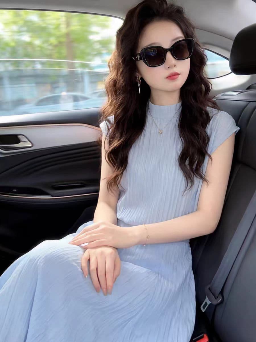 한 바람 chic 전체 집합 품격 여성 여름 파란색 반하이넥 반팔 맨위 반신 스커트 자이언트 잘 생긴 투피스 세트 이미지 3