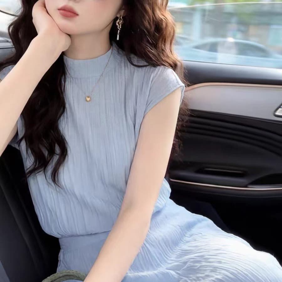 한 바람 chic 전체 집합 품격 여성 여름 파란색 반하이넥 반팔 맨위 반신 스커트 자이언트 잘 생긴 투피스 세트 이미지 5