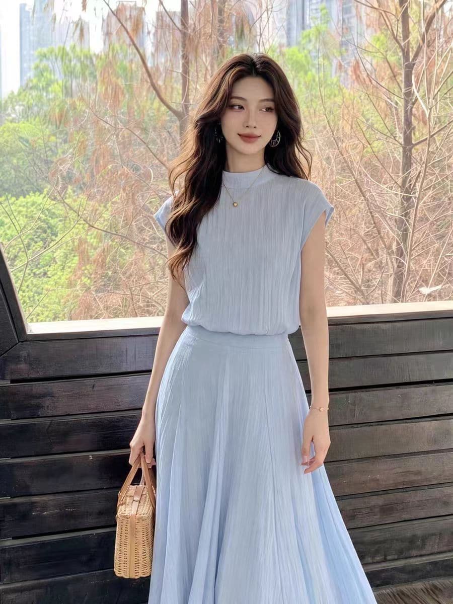 한 바람 chic 전체 집합 품격 여성 여름 파란색 반하이넥 반팔 맨위 반신 스커트 자이언트 잘 생긴 투피스 세트 상세 이미지 3