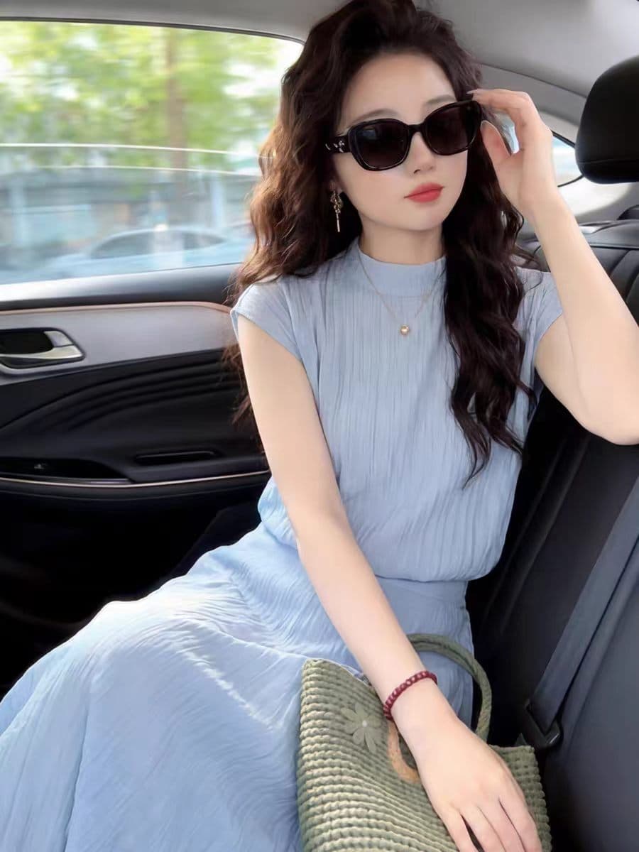 한 바람 chic 전체 집합 품격 여성 여름 파란색 반하이넥 반팔 맨위 반신 스커트 자이언트 잘 생긴 투피스 세트 상세 이미지 4