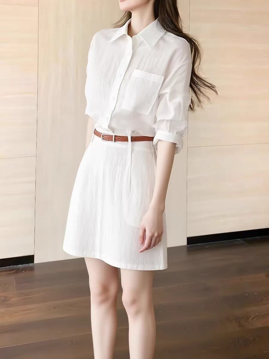 자이언트 잘 생긴 한국 스타일 미니멀리즘 관대 한 화이트 폴로 칼라 셔츠 여성 드레스 봄 새로운 코치 점잖은 출퇴근 착용 가져 가라. 상세 이미지 4