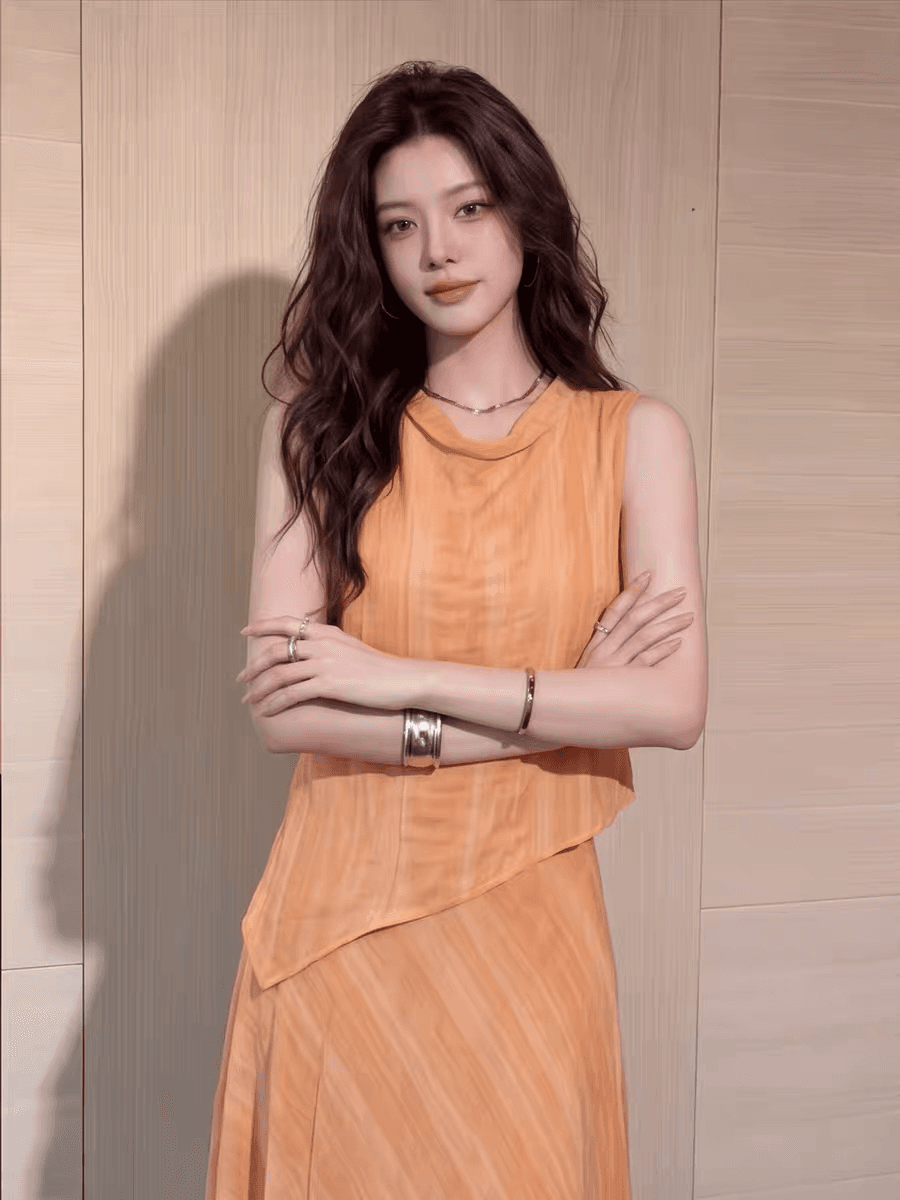 2026 여름 새로운 주황색 민소매 반신 스커트 여성 불규칙 치마 여행 착용 가져 가라. 자이언트 잘 생긴 투피스 슈트 로드 중 이미지 3