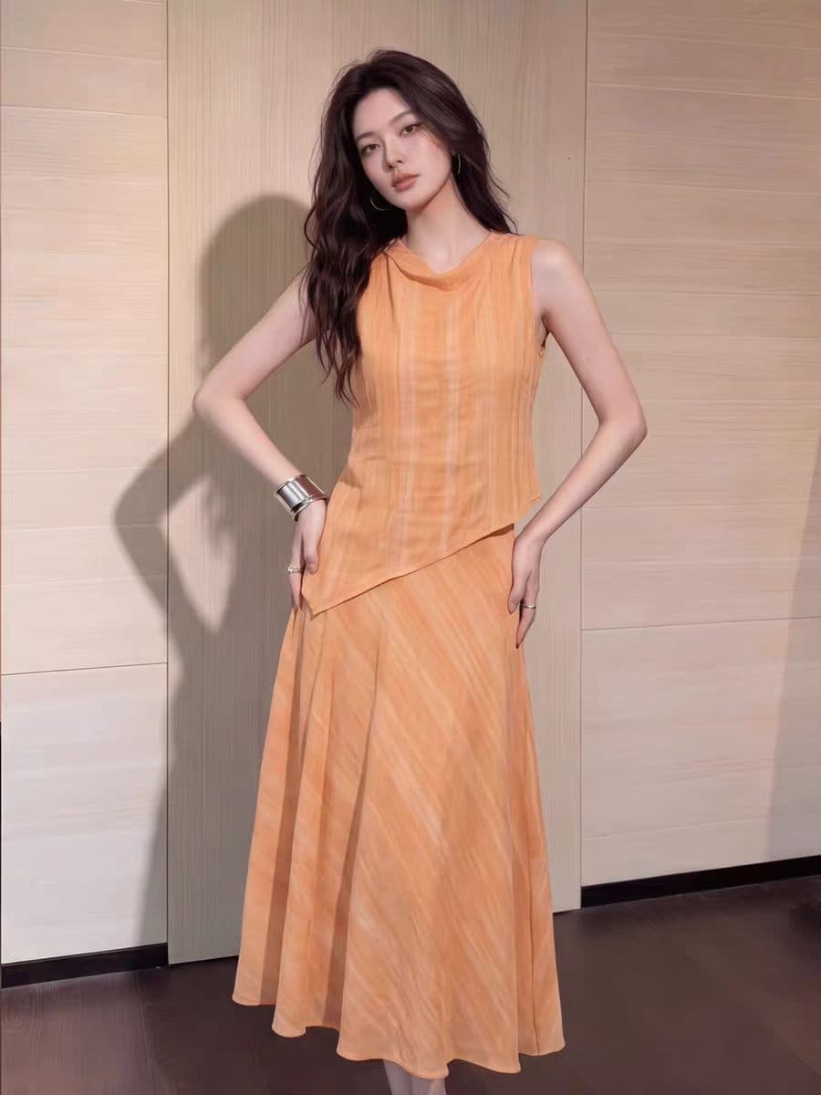 2026 여름 새로운 주황색 민소매 반신 스커트 여성 불규칙 치마 여행 착용 가져 가라. 자이언트 잘 생긴 투피스 슈트 로드 중 상세 이미지 2
