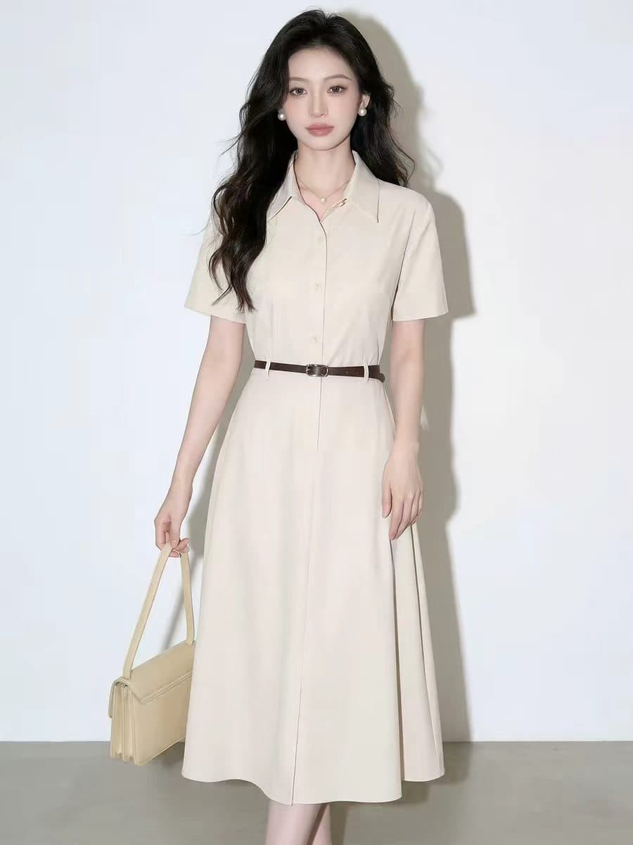 고유 한 슈퍼 잘 생긴 폴로 칼라 셔츠 여성 드레스 2026 여름 새로운 허리 수축 슬림해 보이는 가스 질감 살구 색상 롱 스커트 이미지 4