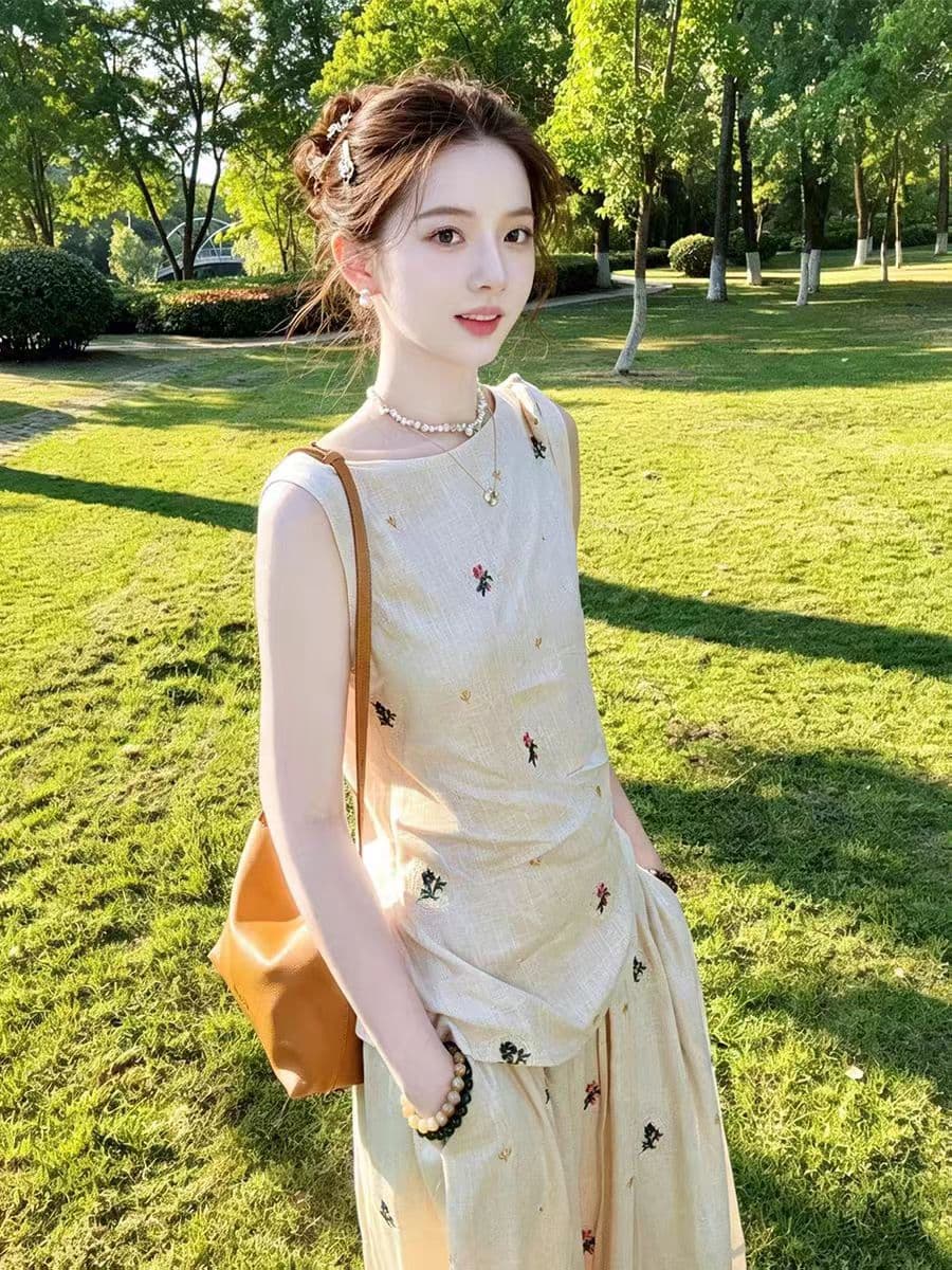 2026 프랑스식 빛 럭셔리 꽃무늬 자수 프린트 조끼 반신 스커트 두 조각 여성 세트 여름 새로운 세트 투피스 슈트 상세 이미지 5