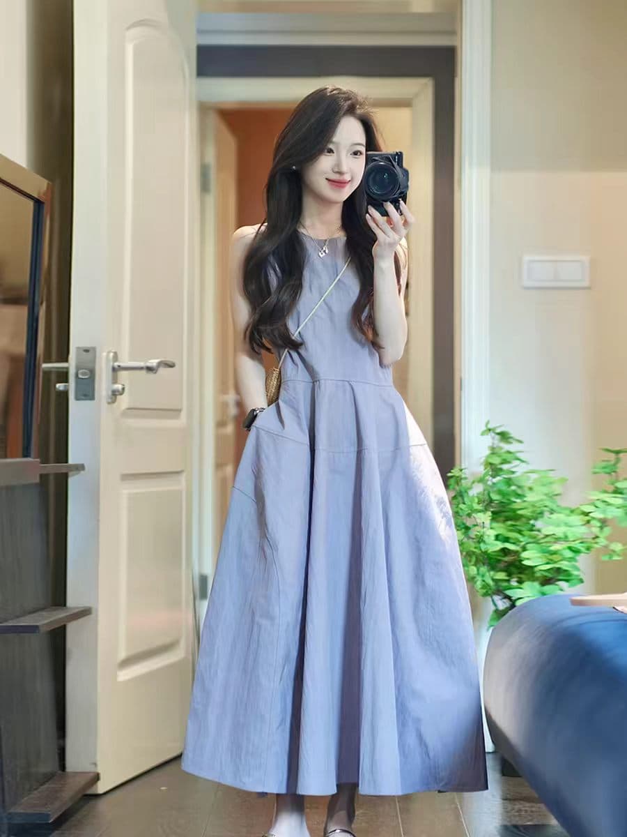 한국 스타일 미니멀리즘 민소매 한 마디 허리 수축 여성 드레스 2026 여름 새로운 자이언트 잘 생긴 고유 한 품격 길다 치마 상세 이미지 1