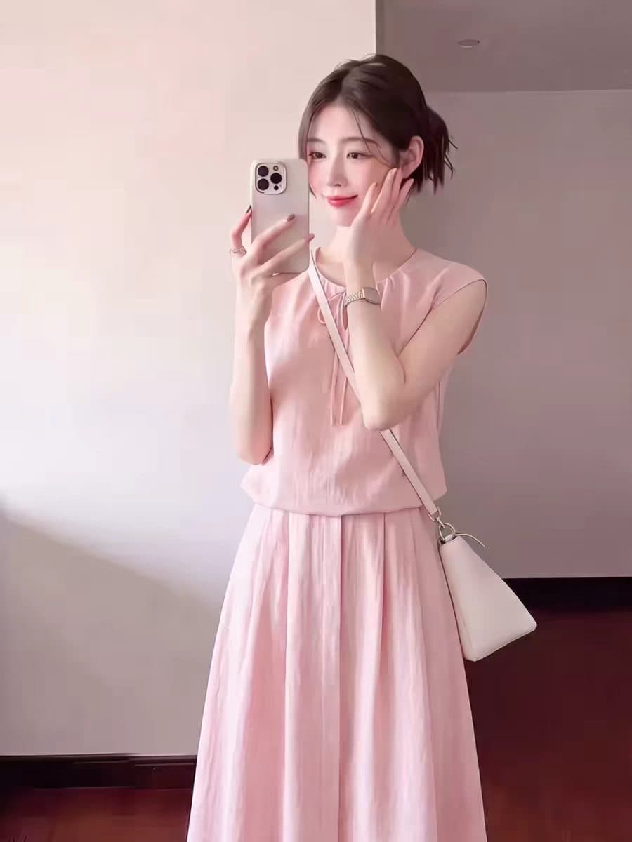 익스트림 제인 바람 민소매 여성 드레스 여름 핑크색 레이스업 허리 수축 롱 스커트 빅 사이즈 슬림해 보이는 고급 센스 우아함 여성 이미지 3