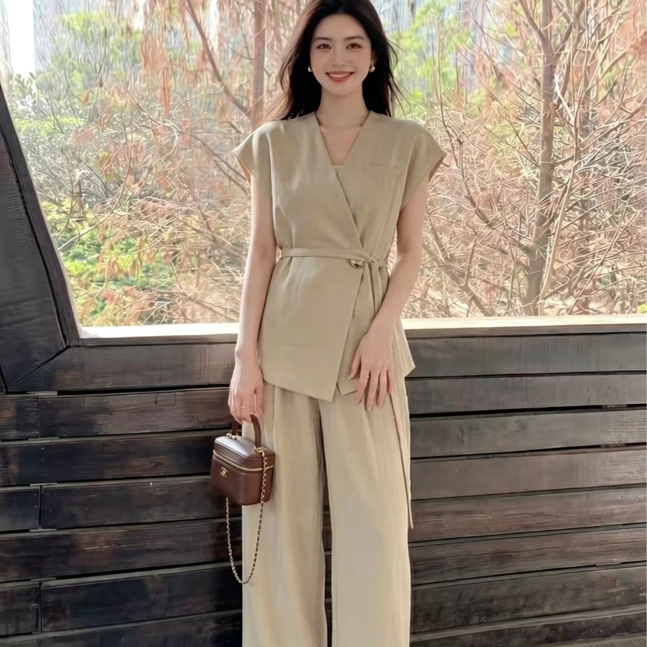 2026 여름 새로운 작은 샤넬 스타일 출퇴근 캐주얼 카키 색 맨위 와이드 레그 팬츠 투피스 슈트 이미지 5