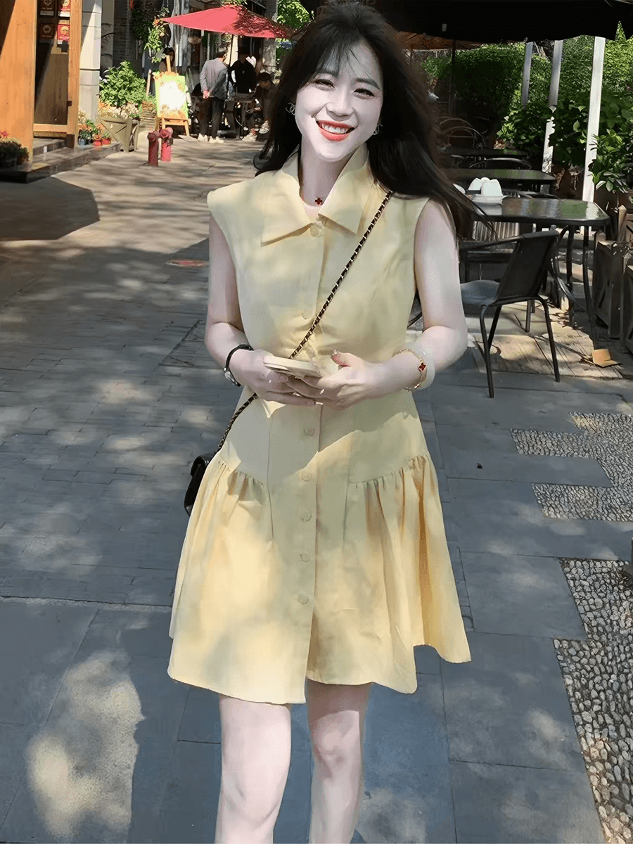 프랑스식 부드러운 황색 POLO 칼라 허리 수축 여성 드레스 여름 민소매 디자인 센스 연령 감소 작은 키 조끼 미니 스커트