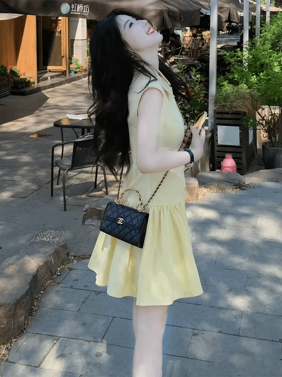 프랑스식 부드러운 황색 POLO 칼라 허리 수축 여성 드레스 여름 민소매 디자인 센스 연령 감소 작은 키 조끼 미니 스커트 이미지 3