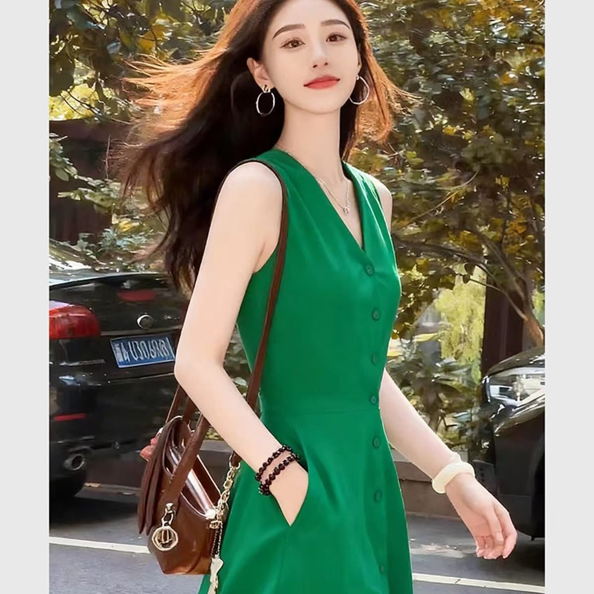 녹색 V넥 허리 수축 싱글 줄 버튼 조끼 여성 드레스 2026 새로운 여름 단순한 관대 한 한 부서 아름다운 치마 이미지 5