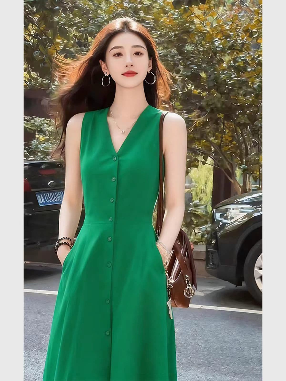 녹색 V넥 허리 수축 싱글 줄 버튼 조끼 여성 드레스 2026 새로운 여름 단순한 관대 한 한 부서 아름다운 치마 상세 이미지 2
