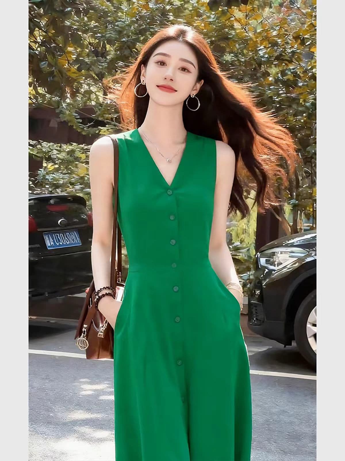 녹색 V넥 허리 수축 싱글 줄 버튼 조끼 여성 드레스 2026 새로운 여름 단순한 관대 한 한 부서 아름다운 치마 상세 이미지 3