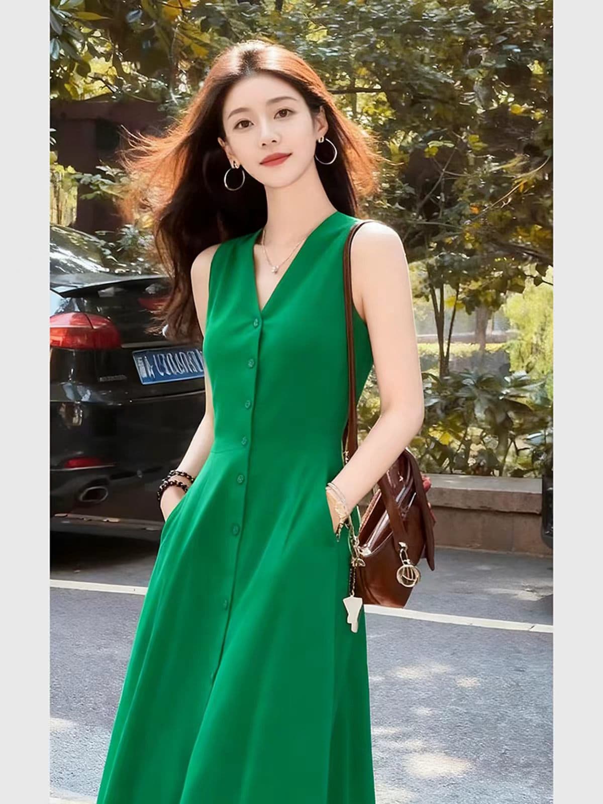 녹색 V넥 허리 수축 싱글 줄 버튼 조끼 여성 드레스 2026 새로운 여름 단순한 관대 한 한 부서 아름다운 치마 상세 이미지 5
