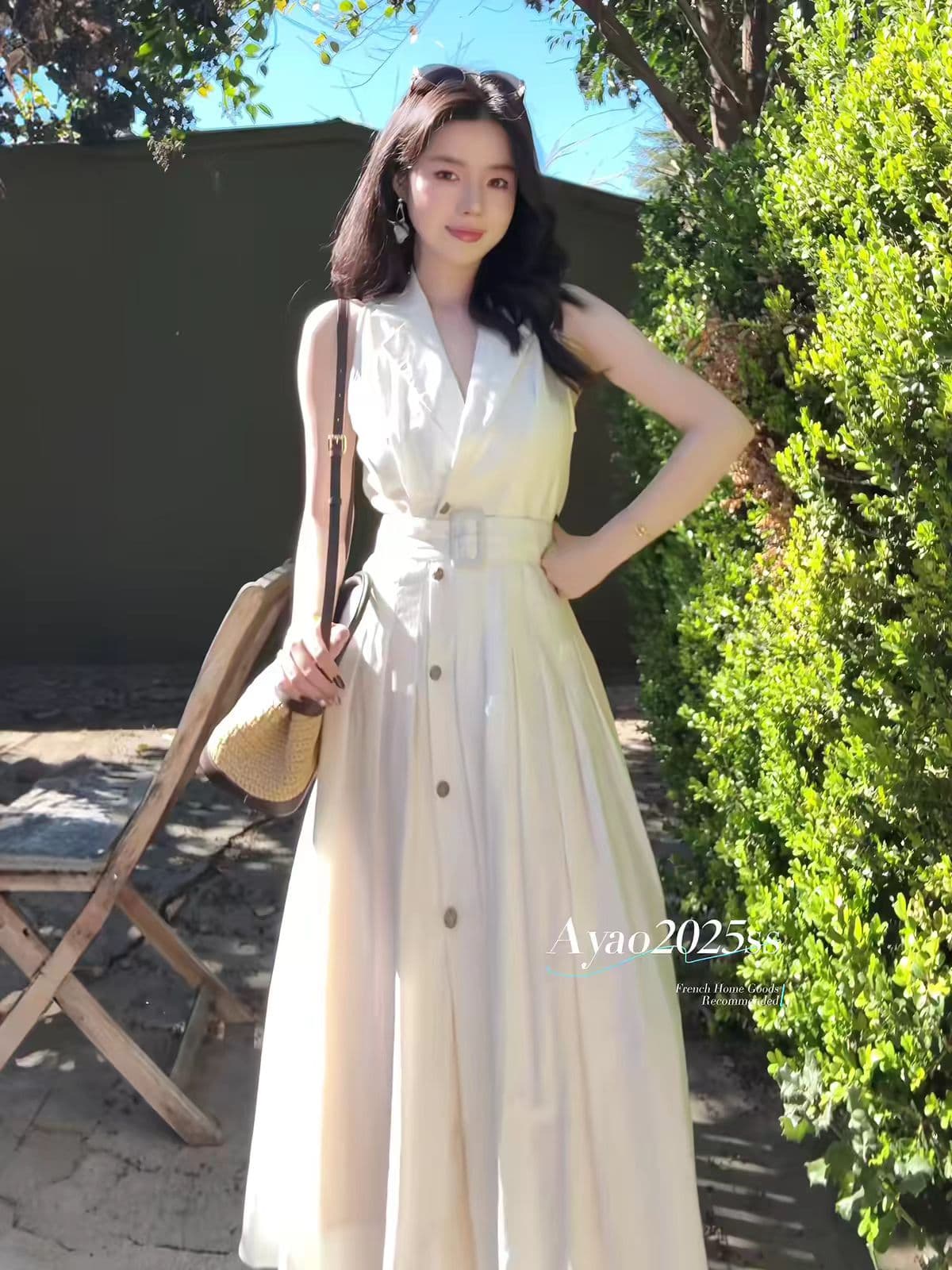프랑스식 화이트 롱 코트 아마 조끼 여성 드레스 2026 새로운 POLO 칼라 민소매 셔츠 드레스 허리 수축 롱 스커트 상세 이미지 1