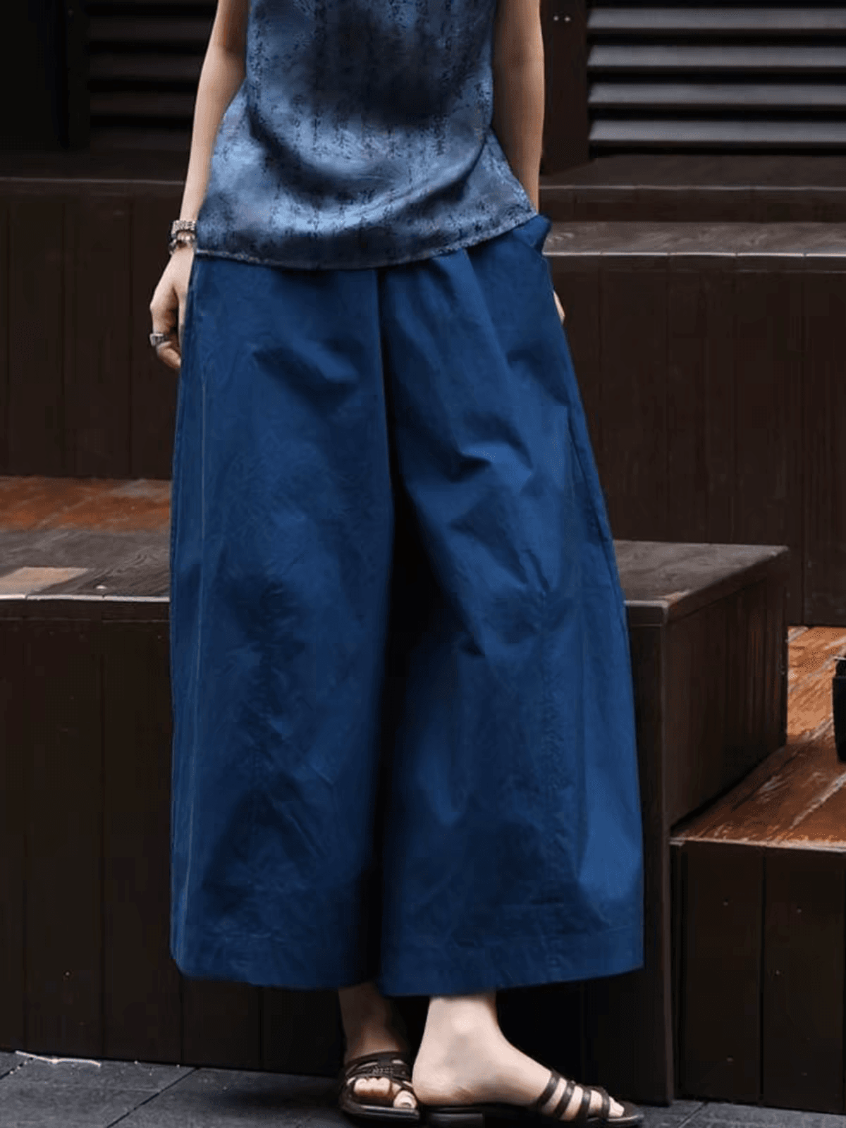 일본식 문예 바람 레트로 다용도 블루 색상 9부 바지 2026 여름 작은 대중 Chic 빅 사이즈 슬림해 보이는 캐주얼 바지