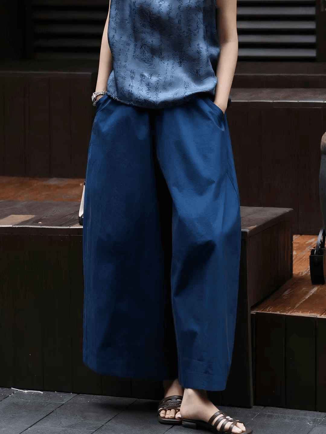 일본식 문예 바람 레트로 다용도 블루 색상 9부 바지 2026 여름 작은 대중 Chic 빅 사이즈 슬림해 보이는 캐주얼 바지 이미지 2