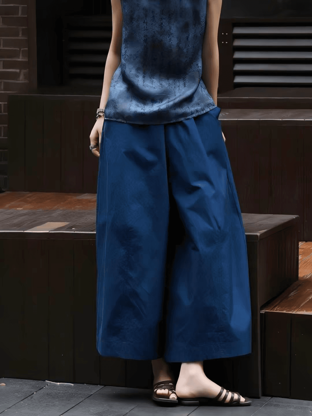 일본식 문예 바람 레트로 다용도 블루 색상 9부 바지 2026 여름 작은 대중 Chic 빅 사이즈 슬림해 보이는 캐주얼 바지 이미지 3