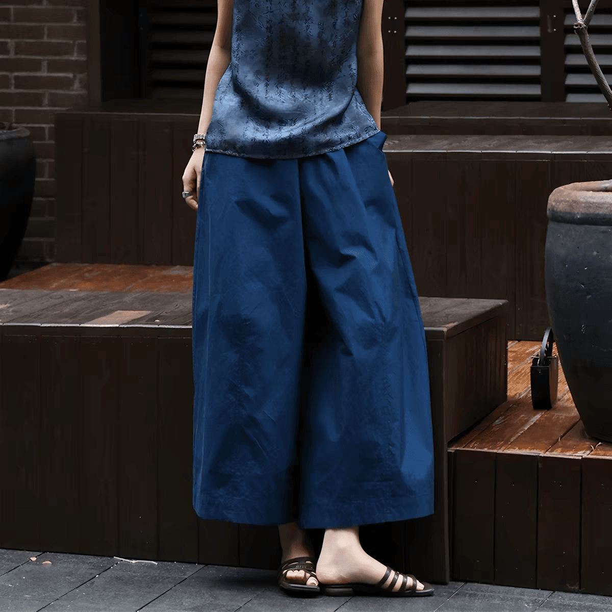 일본식 문예 바람 레트로 다용도 블루 색상 9부 바지 2026 여름 작은 대중 Chic 빅 사이즈 슬림해 보이는 캐주얼 바지 이미지 4