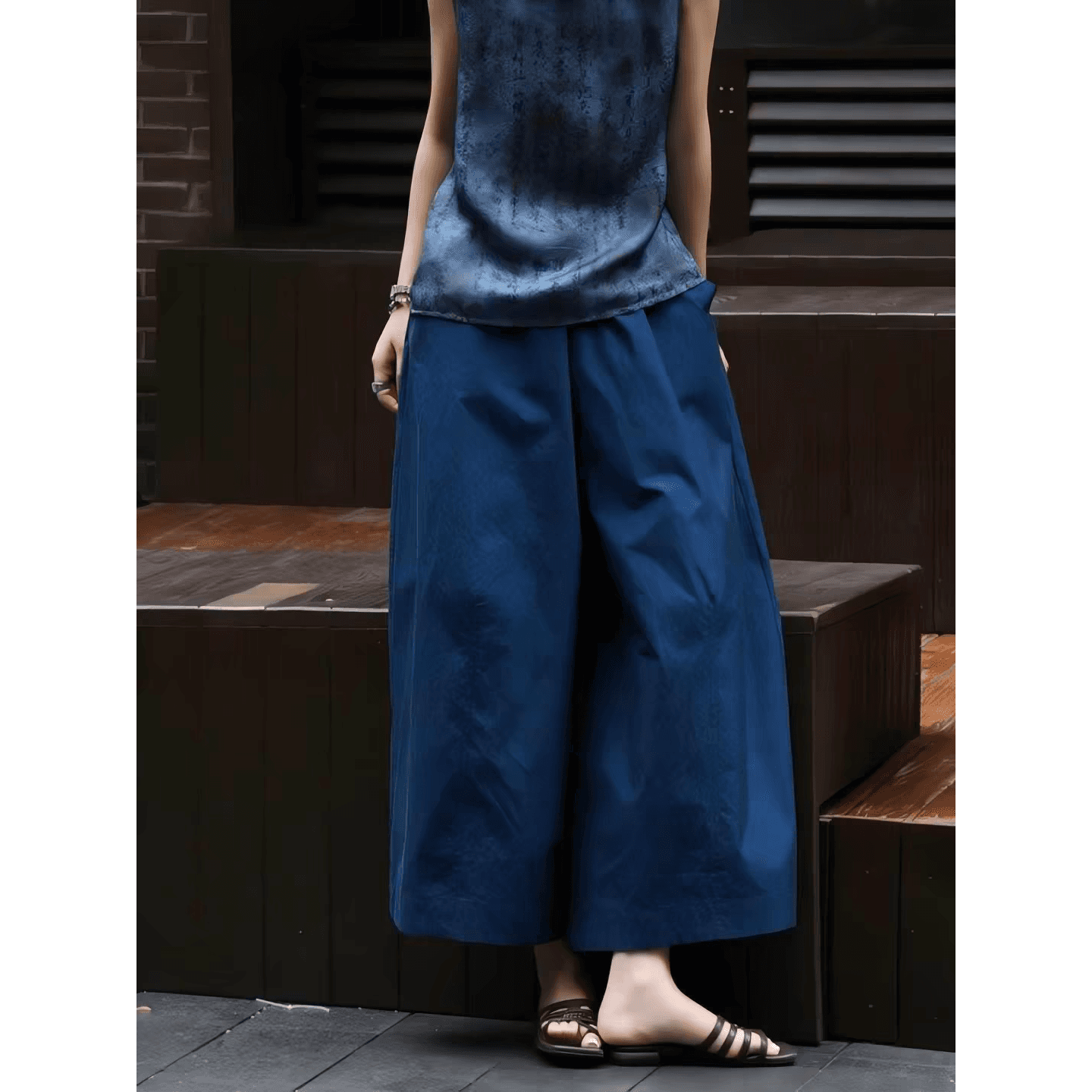일본식 문예 바람 레트로 다용도 블루 색상 9부 바지 2026 여름 작은 대중 Chic 빅 사이즈 슬림해 보이는 캐주얼 바지 이미지 5