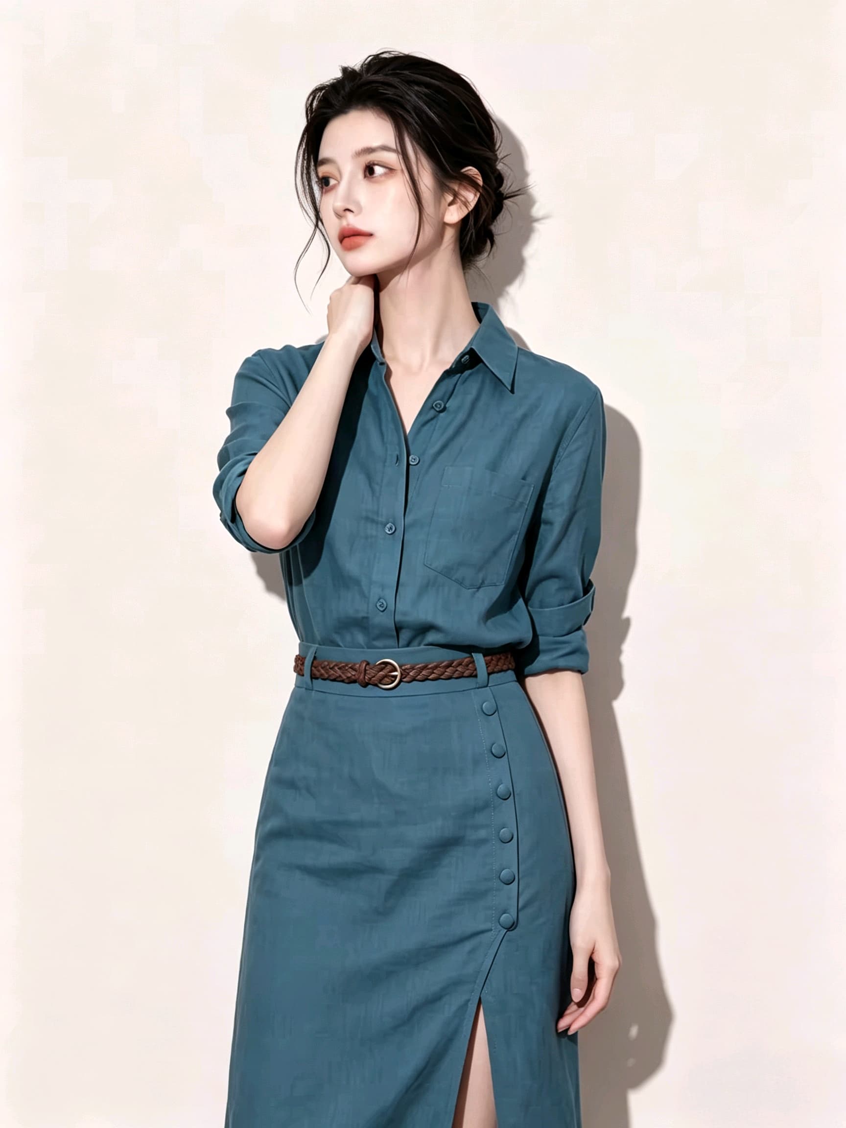빛 사람들 코치 아름다운 오래된 돈 바람 파란색 다용도 POLO 칼라 셔츠 트임 반신 치마 세트 여름