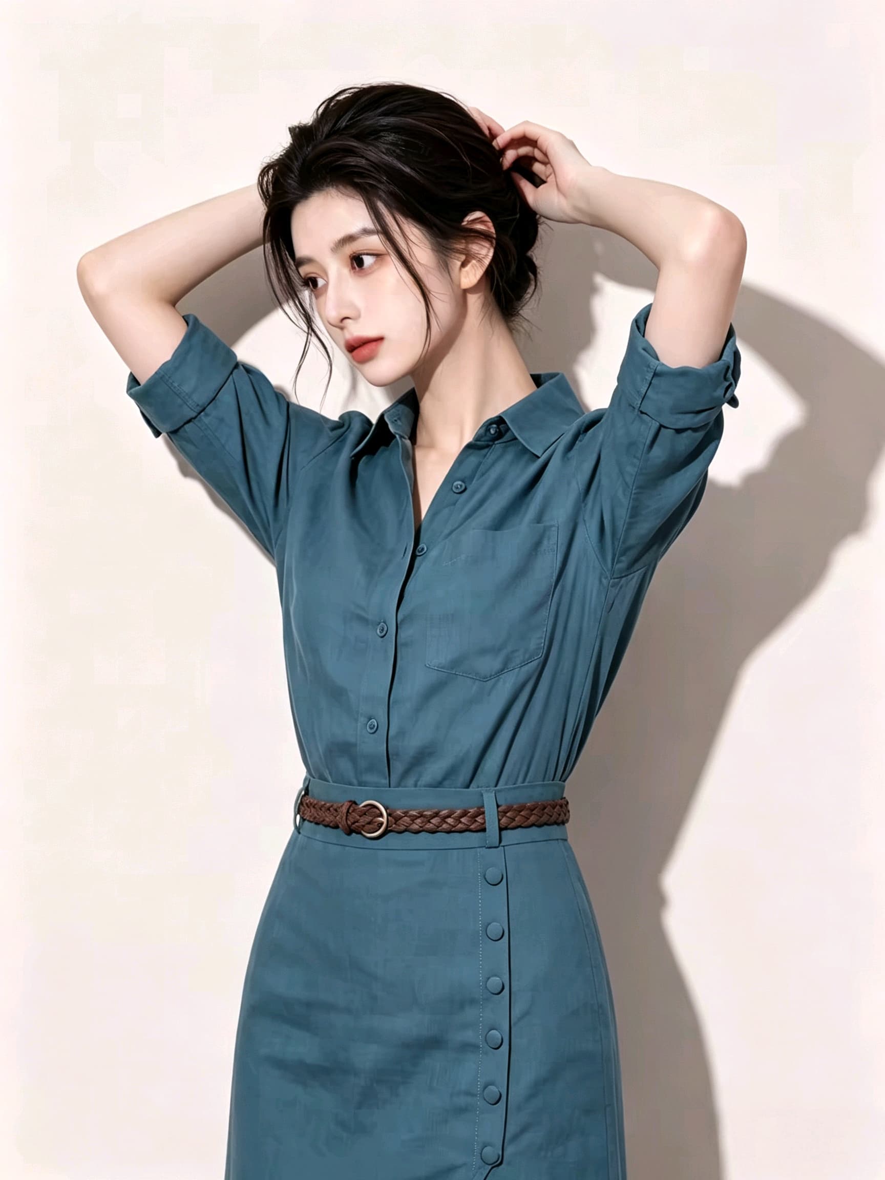 빛 사람들 코치 아름다운 오래된 돈 바람 파란색 다용도 POLO 칼라 셔츠 트임 반신 치마 세트 여름 이미지 4