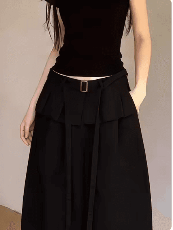 검정색 프릴 허리 머리 모통이 칼 8 점 바지 여성 2026 봄 인기 새로운 표지 고기 슬림해 보이는 넓은 다리 캐주얼 바지 이미지 2