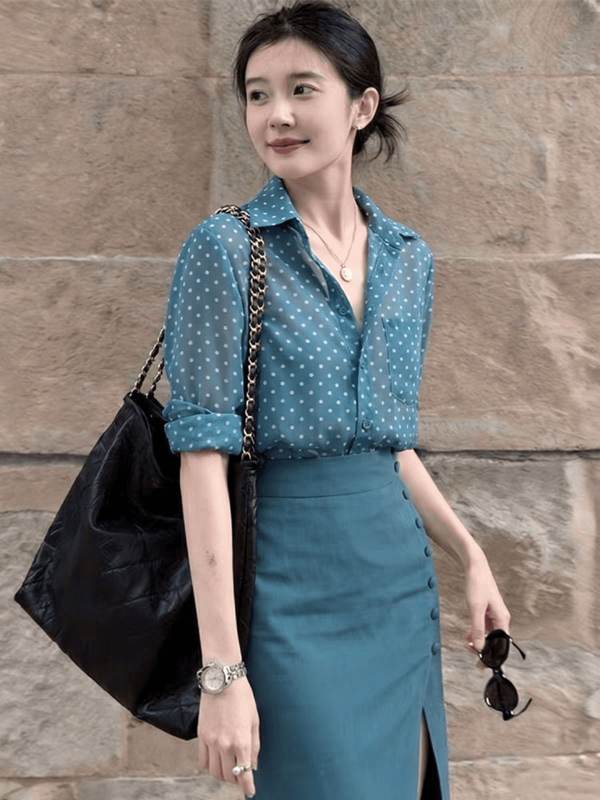 프랑스식 파란색 도트 무늬 자외선 차단 여성 셔츠 여름 품격 오래된 돈 바람 다시 a 다시 바람의 소리 로얄 자매 두 조각 경력 세트 드레스
