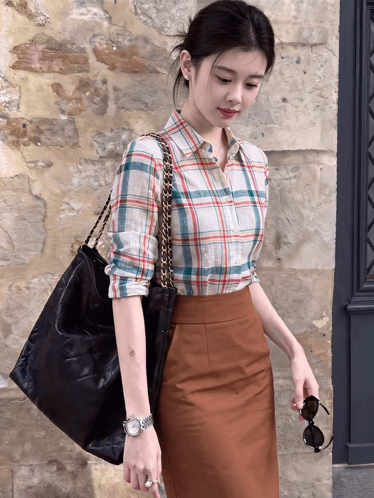 체크무늬 여성 셔츠 디자인 센스 작은 대중 가을 착용 가져 가라. 작은 키 반신 치마 세트 2026 긍정적 인 인기 투피스 세트 상세 이미지 2