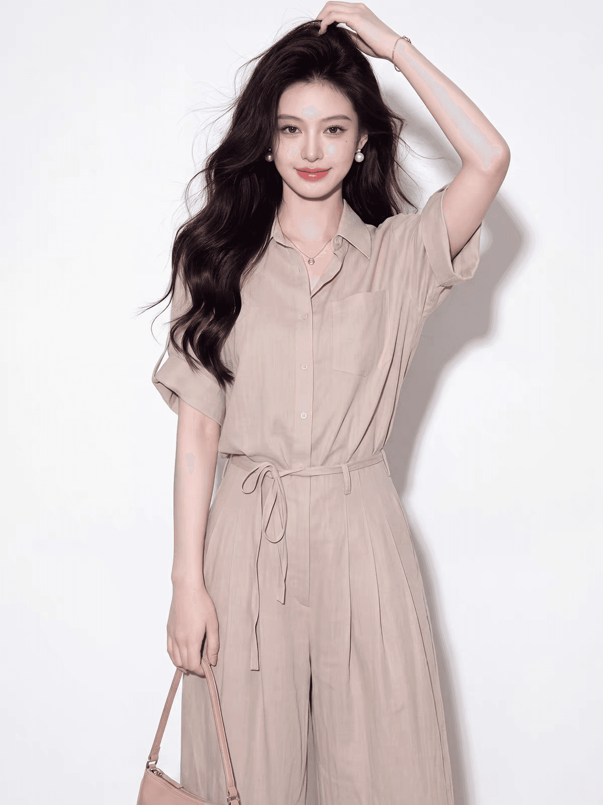 출퇴근 바람 카키 색 반팔 셔츠 와이드 레그 팬츠 세트 여성 가을 2026 새로운 슬림해 보이는 하이웨이스트 투피스 세트 이미지 2