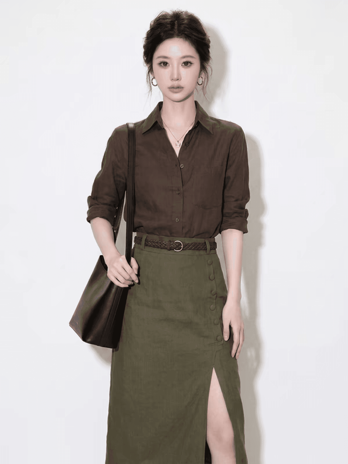 오래된 돈 바람 착용 가져 가라. 자매 부서 비싼 센스 품격 세트 이른 가을 다시 a 다시 바람의 소리 로얄 자매 커피 색상 셔츠 투피스 세트 치마 상세 이미지 2