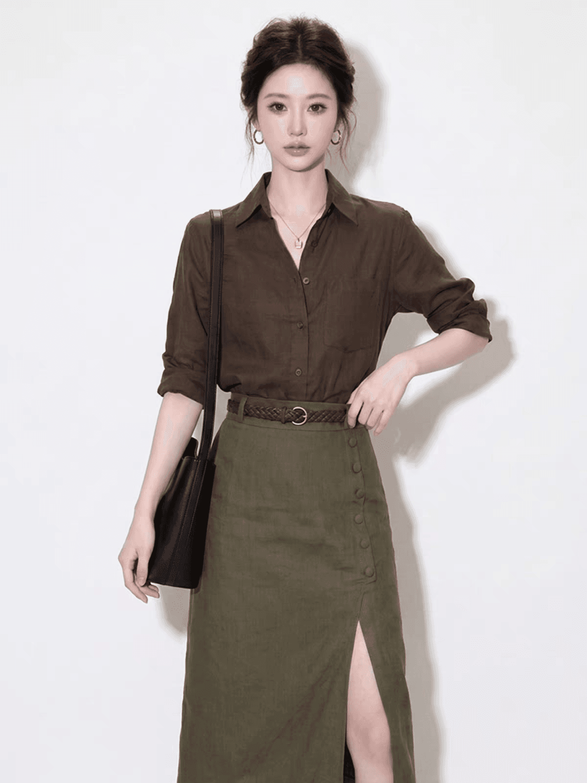 오래된 돈 바람 착용 가져 가라. 자매 부서 비싼 센스 품격 세트 이른 가을 다시 a 다시 바람의 소리 로얄 자매 커피 색상 셔츠 투피스 세트 치마 상세 이미지 5