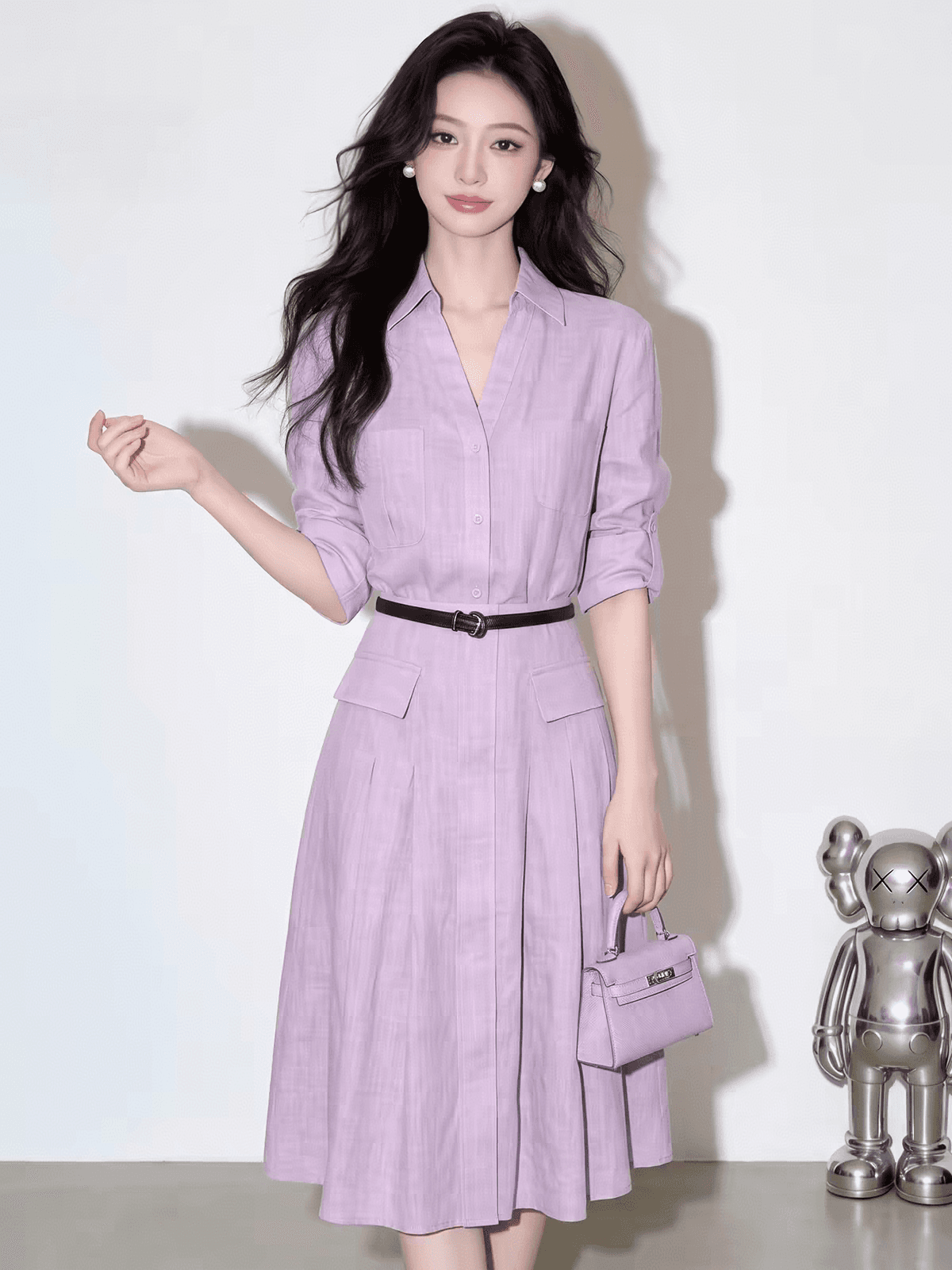 가을 슈퍼 화재 작은 대중 아니요 명중 섹션 착용 가져 가라. 소금 부서 빛 요리 한 직장 출퇴근 보라색 셔츠 세트 드레스 상세 이미지 1
