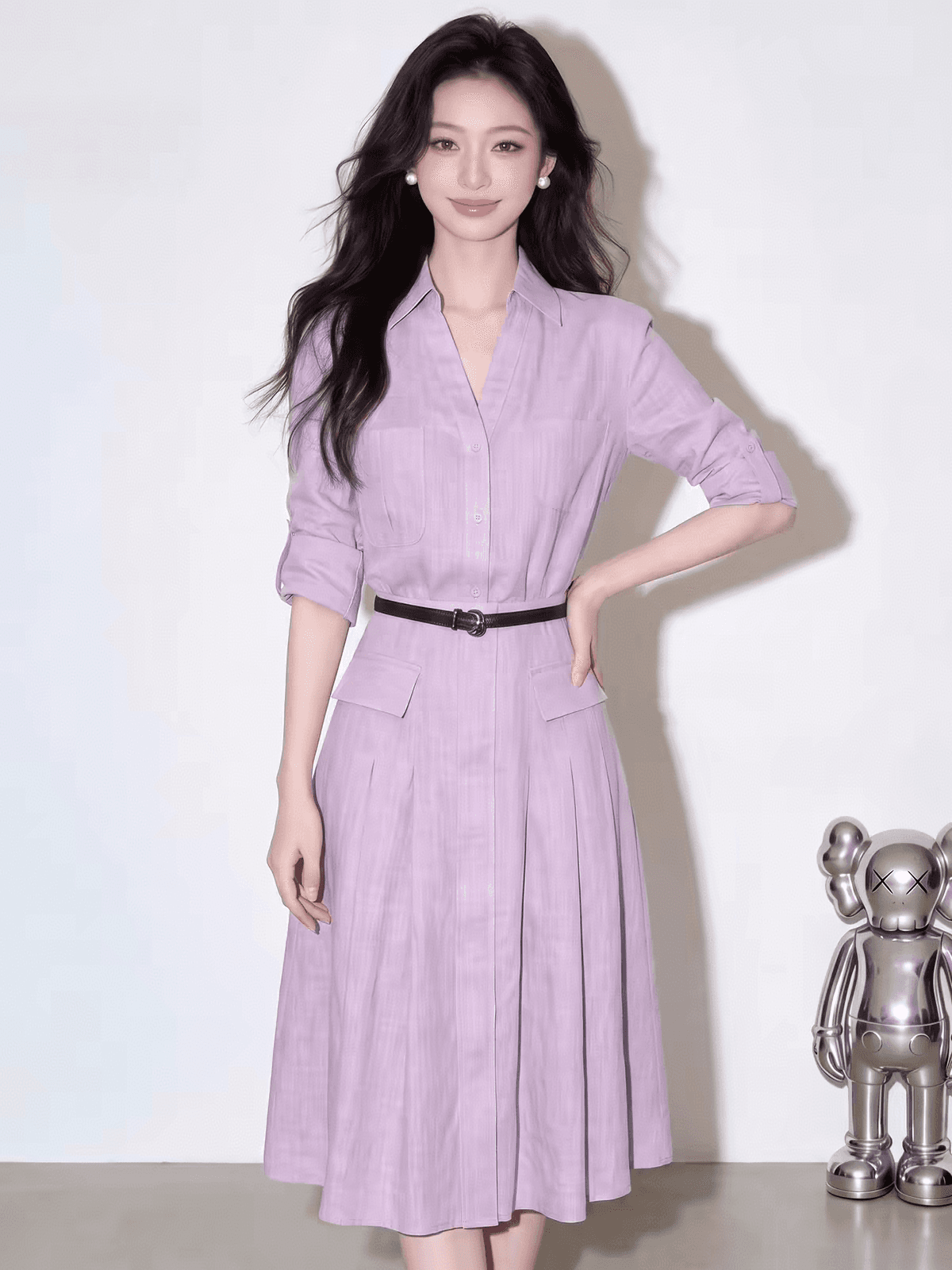 가을 슈퍼 화재 작은 대중 아니요 명중 섹션 착용 가져 가라. 소금 부서 빛 요리 한 직장 출퇴근 보라색 셔츠 세트 드레스 상세 이미지 5