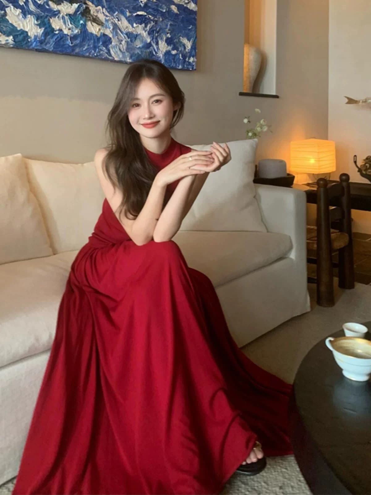 프랑스식 레트로 여신 팬 빅 레드 민소매 허리 수축 조끼 이 종류 한 마디 여성 드레스 투피스 세트 고급 센스 상세 이미지 3