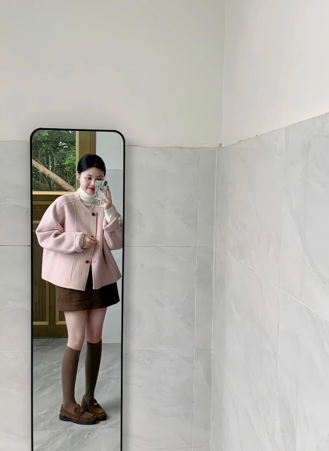 부드러운 분말 눈 지 작은 키 양면 외투 민들레 분말 라운드 넥 쇼트 스타일 양모 여성 코트