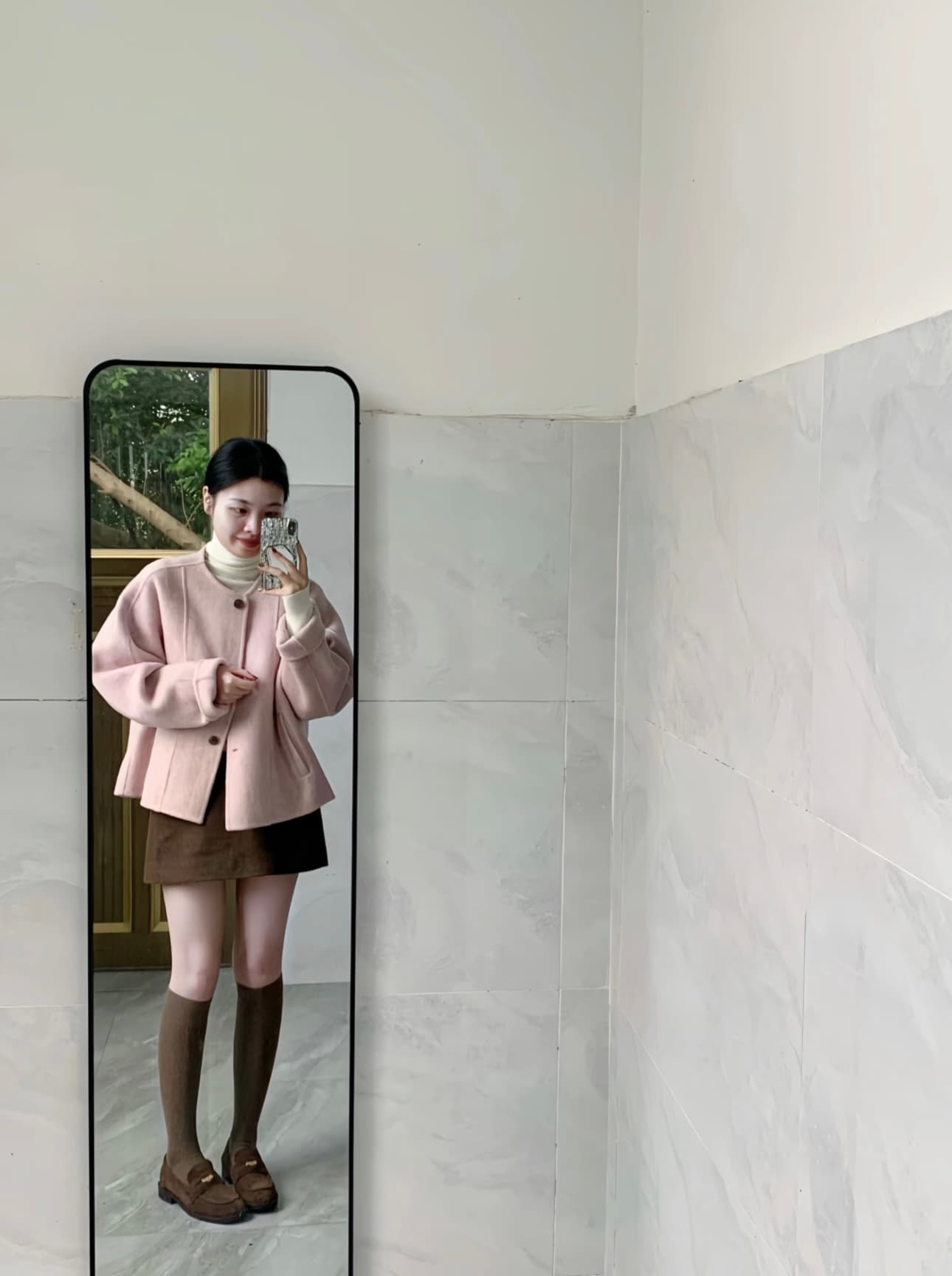 부드러운 분말 눈 지 작은 키 양면 외투 민들레 분말 라운드 넥 쇼트 스타일 양모 여성 코트 이미지 3