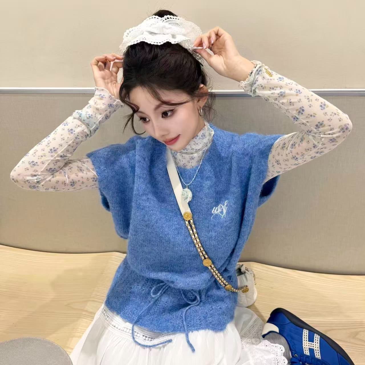 학원 부드러운 느긋한 바람 맨위 조끼 베스트 어깨 스택 바늘 짠 셔츠 풀오버 스웨터 여자 봄 가을 파란색 이미지 5