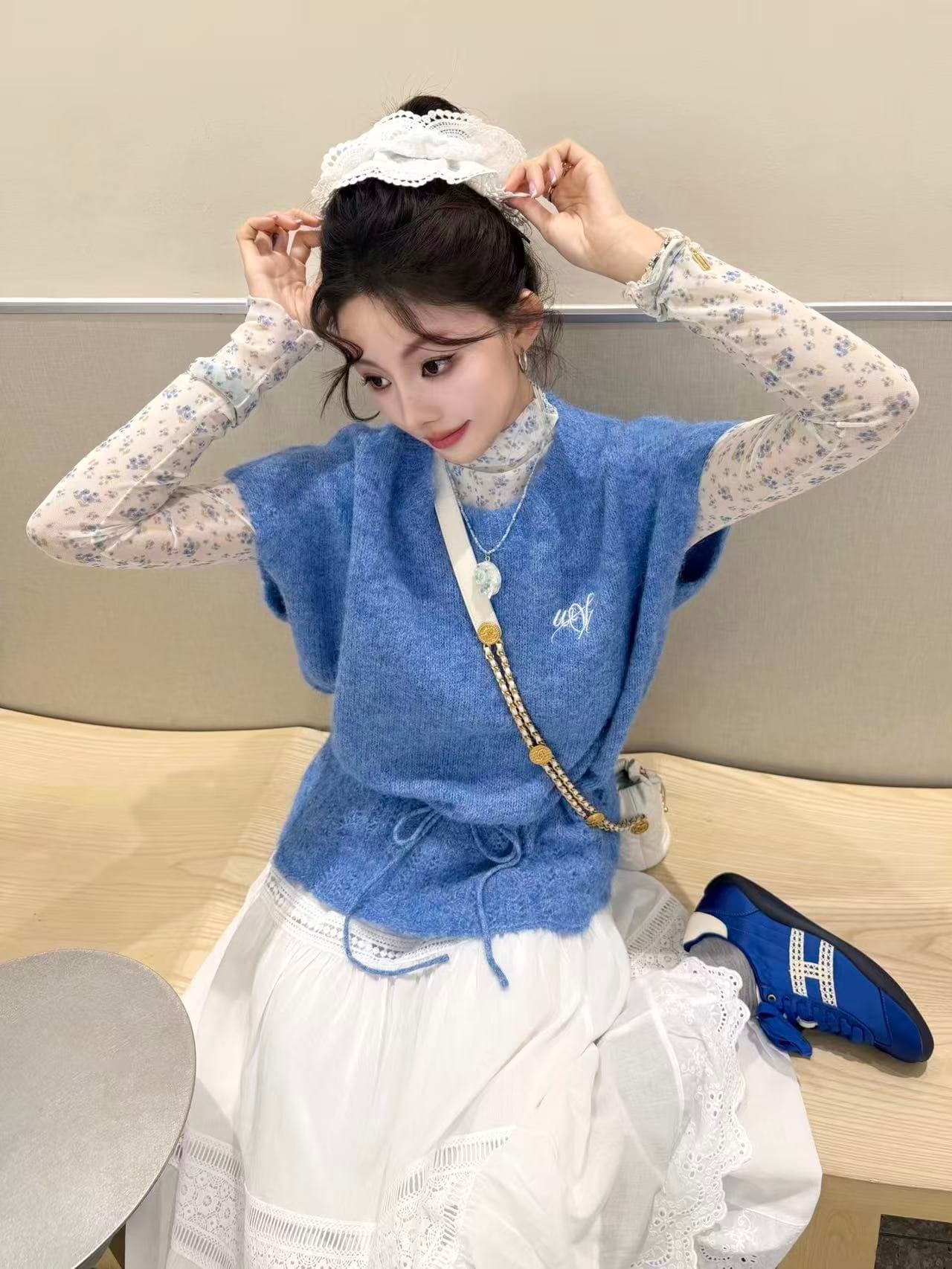 학원 부드러운 느긋한 바람 맨위 조끼 베스트 어깨 스택 바늘 짠 셔츠 풀오버 스웨터 여자 봄 가을 파란색 상세 이미지 5