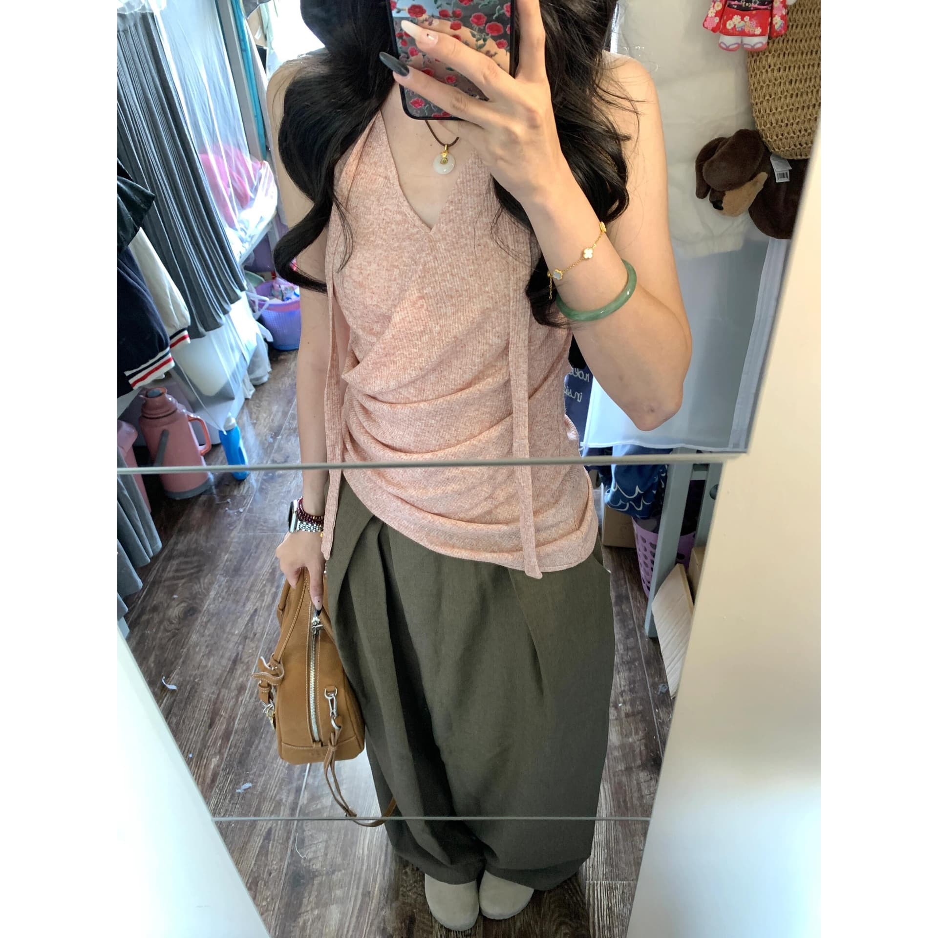 오리지널 비대칭 밑단 측면 허리 수신 Pleat 리본 조끼 슬립 행침 목 맨위 이미지 5