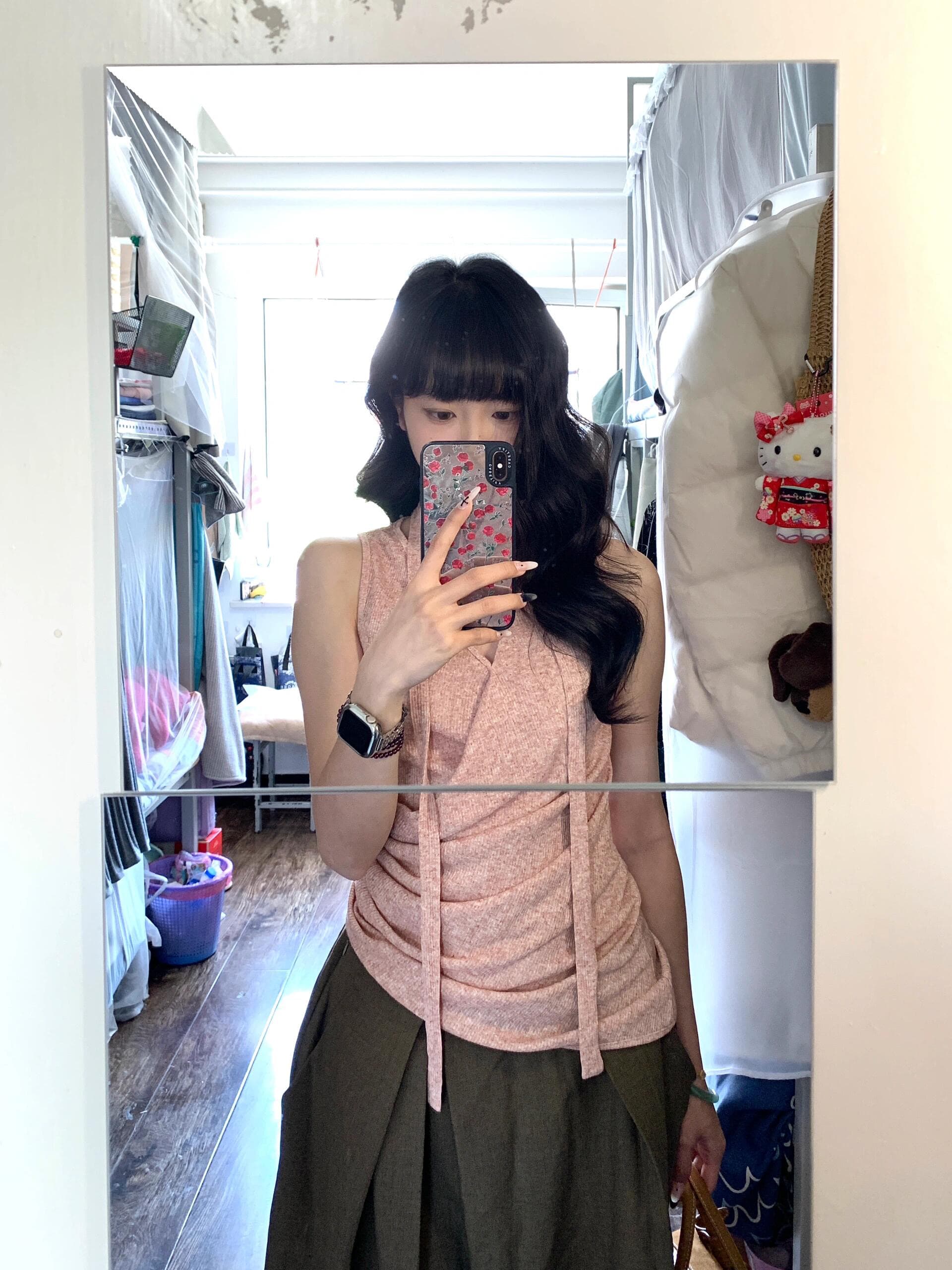 오리지널 비대칭 밑단 측면 허리 수신 Pleat 리본 조끼 슬립 행침 목 맨위 상세 이미지 1